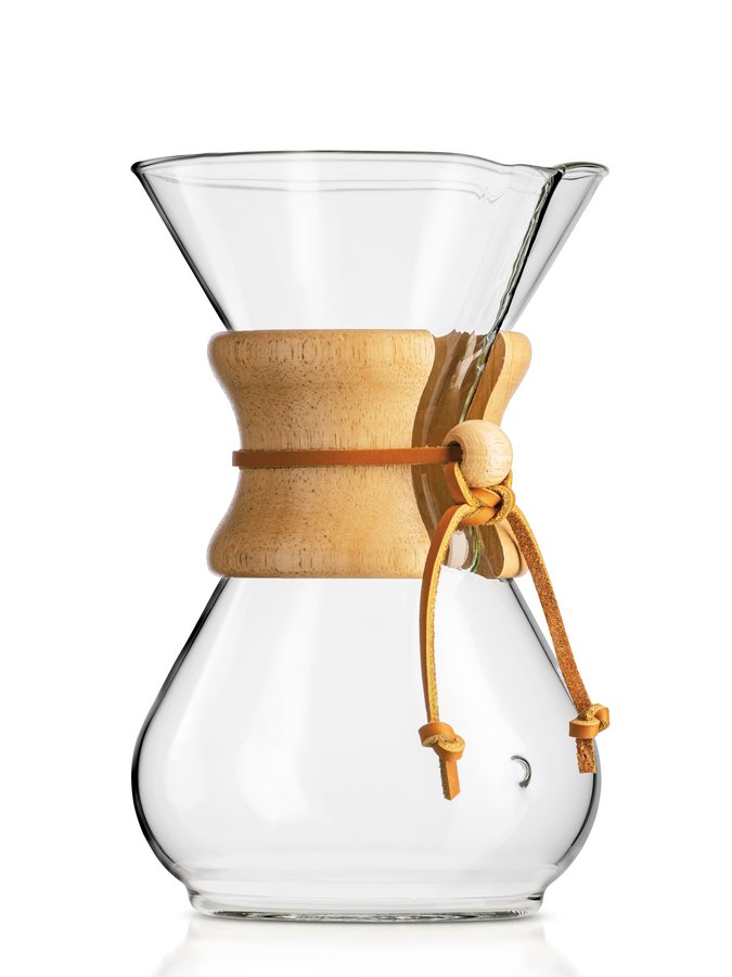 Chemex Classic six-cup glass coffeemaker with a wood collar and leather tie