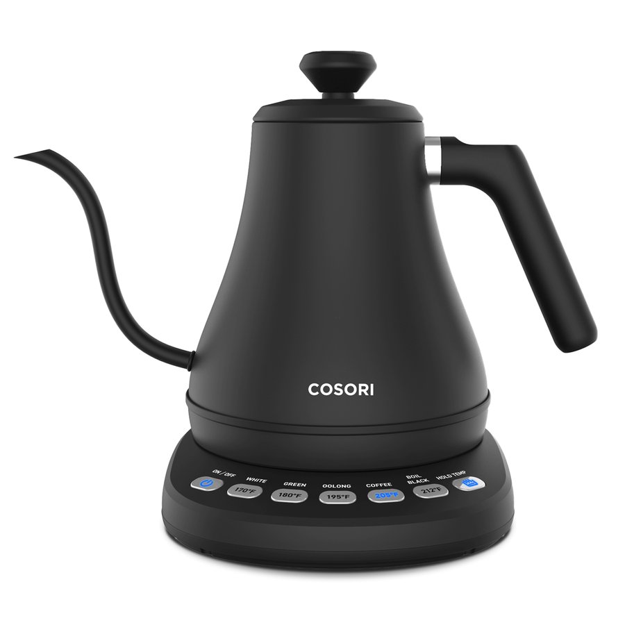 COSORI black electric gooseneck kettle on its preset base