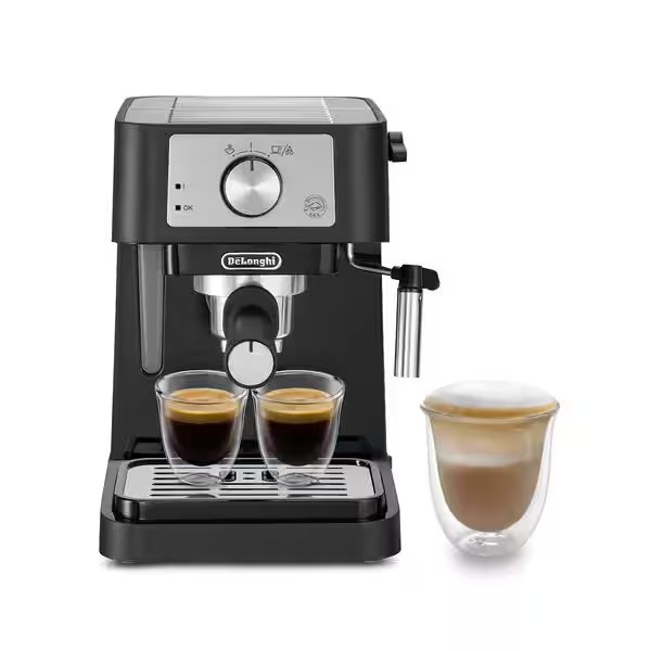 De’Longhi Stilosa, a black espresso machine with two espresso cups